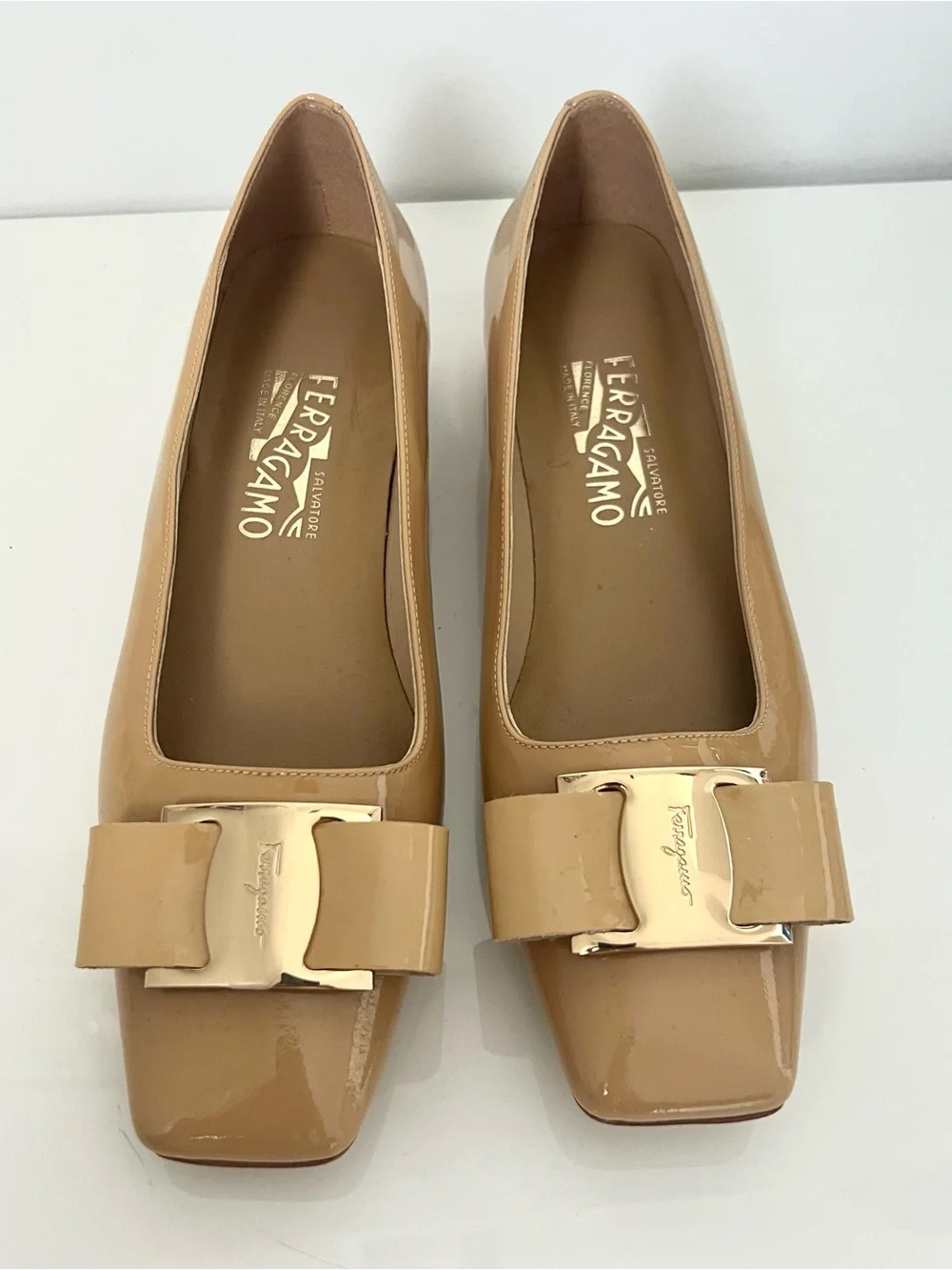 Ferragamo Vera Nude Beige Patent Block Heel Pumps with Decorative Buckle Size 38